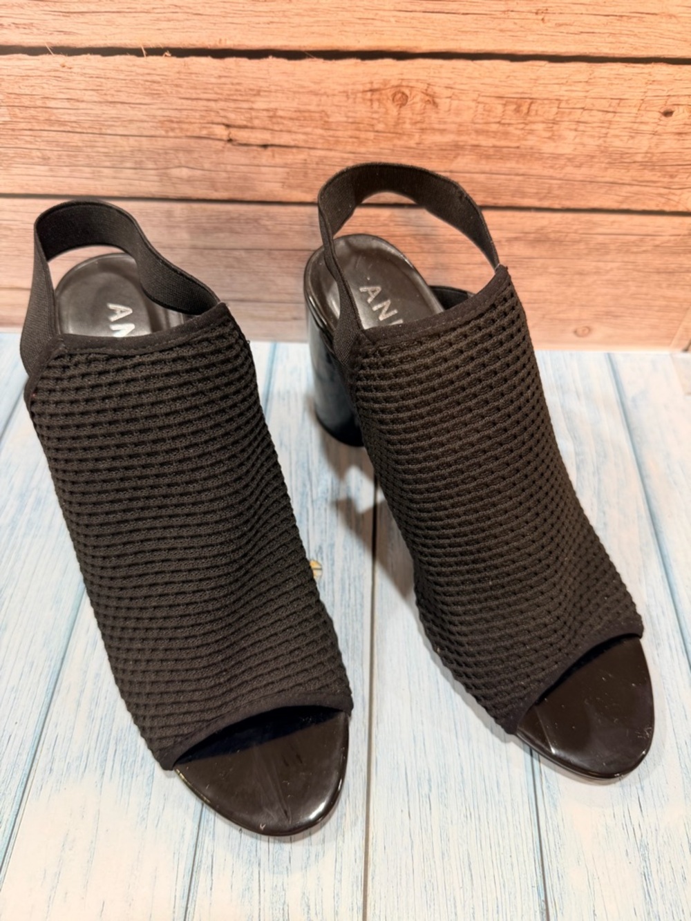 Anne Klein Black Knit Open-Toe Slingback Block Heels